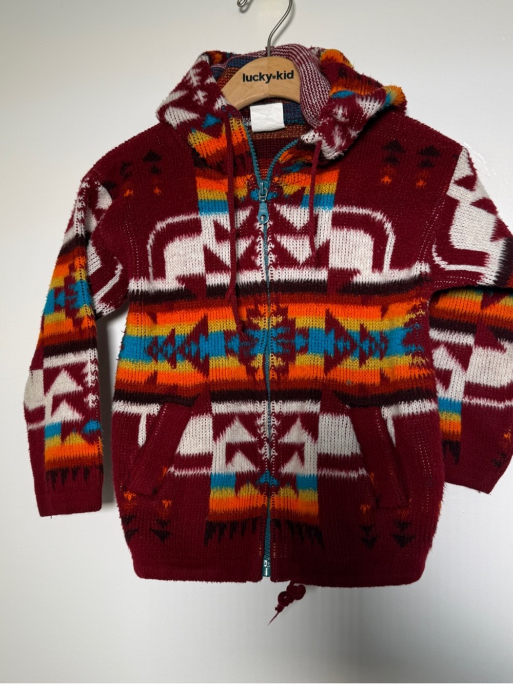 Artesania Maroon Aztec Zip-Up Hooded Sweater with Rainbow Pattern Kids 4